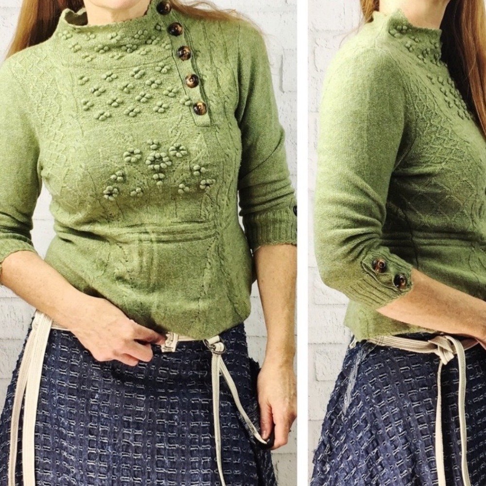 Anthropologie Moth Wool Bobble Cable Knit Peplum Mock Neck Sweater Medium